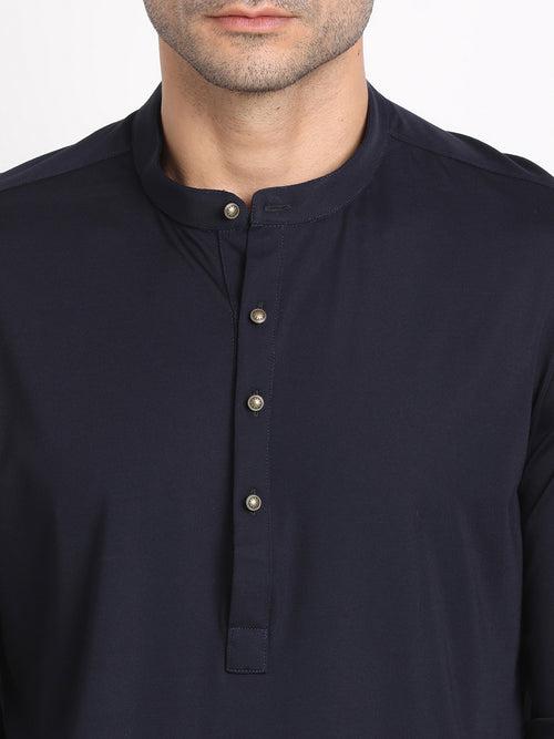 Cotton Navy Plain Kurta Full Sleeve Ceremonial Shirt