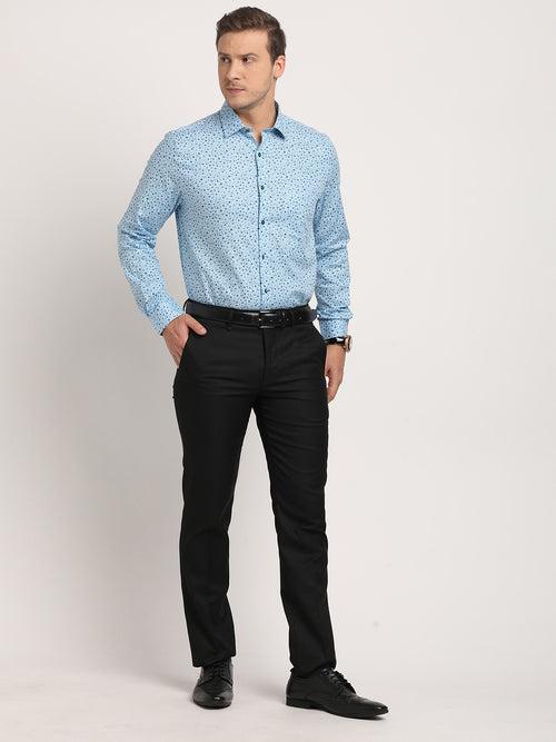 100% Cotton Sky Blue Printed Slim Fit Full Sleeve Formal Shirt