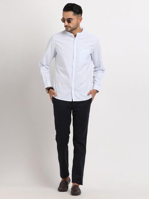 100% Cotton Sky Blue Dobby Slim Fit Mandarin Collar Casual Shirt