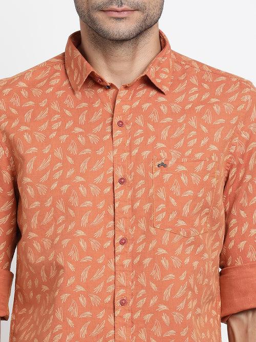 Cotton Linen Orange Printed Slim Fit Full Sleeve Casual Shirt