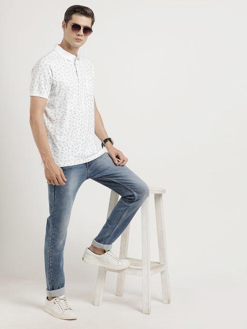 Cotton Stretch White Printed Polo Neck Half Sleeve Casual T-Shirt