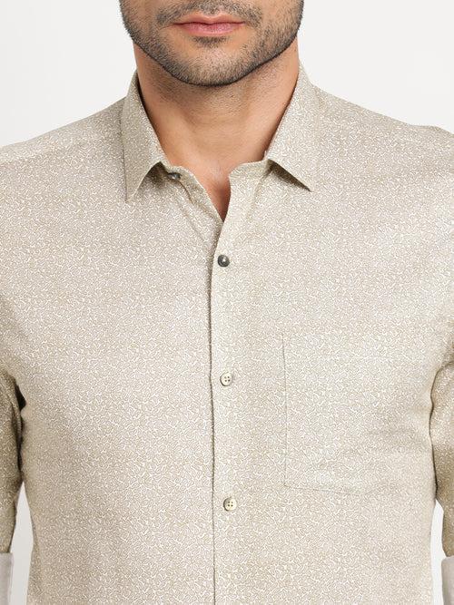 Cotton Stretch Beige Printed Slim Fit Full Sleeve Formal Shirt