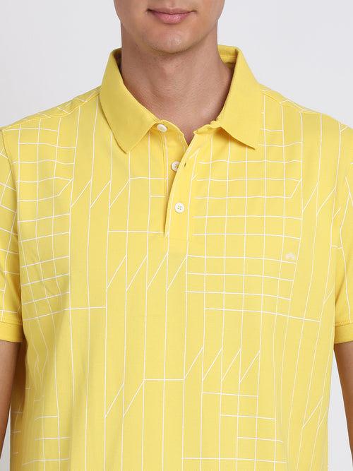 100% Cotton Yellow Printed Polo Neck Half Sleeve Casual T-Shirt