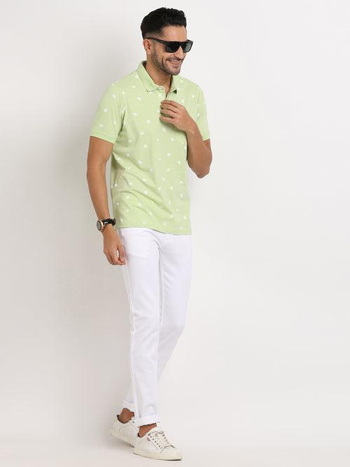 Knitted Light Green Printed Polo Neck Half Sleeve Casual T-Shirt