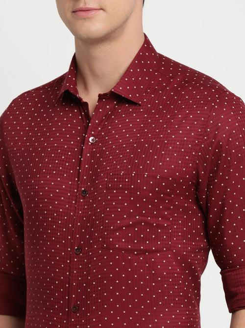 100% Cotton Maroon Printed Slim Fit Full Sleeve Formal Shirt