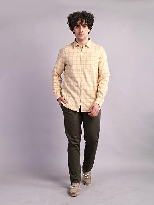 100% Cotton Yellow Checkered Slim Fit Full Sleeve Casual Shirt