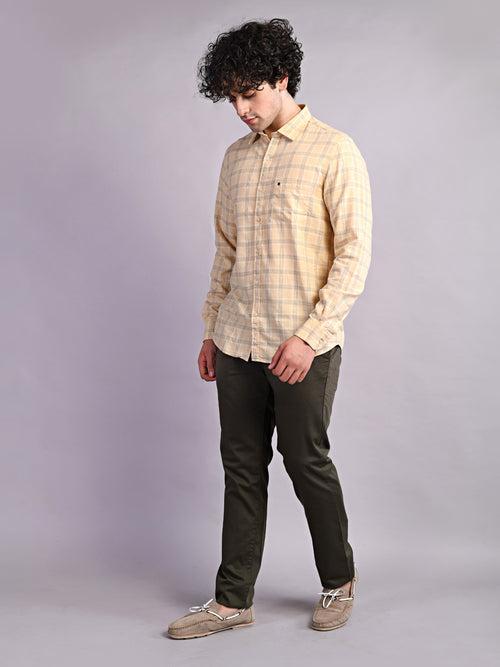 100% Cotton Yellow Checkered Slim Fit Full Sleeve Casual Shirt