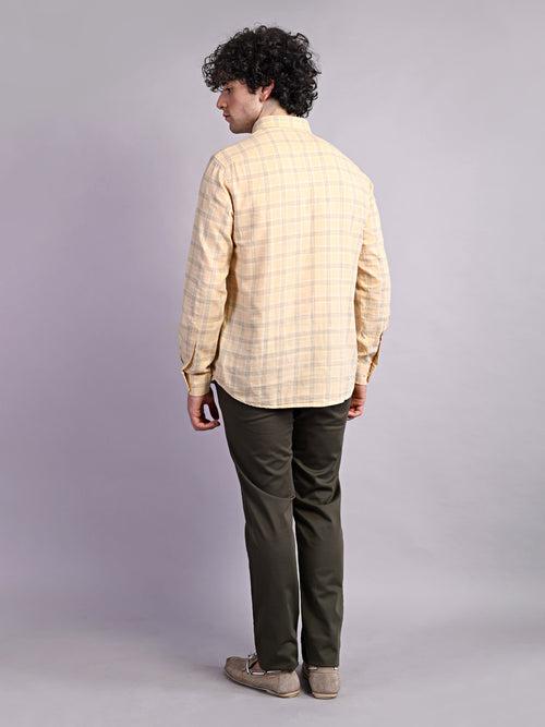 100% Cotton Yellow Checkered Slim Fit Full Sleeve Casual Shirt