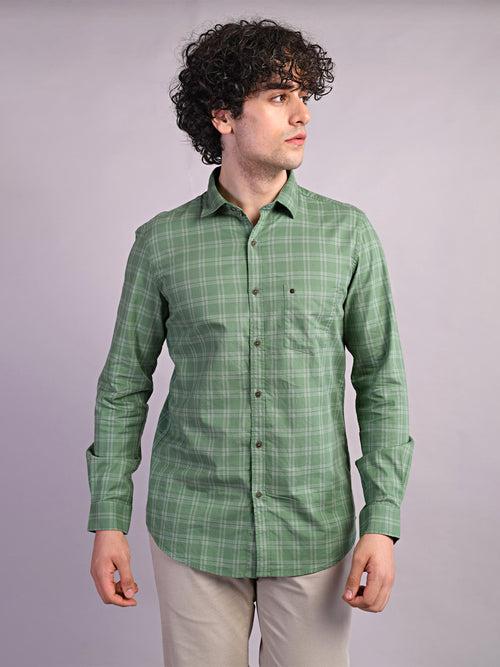 100% Cotton Green Checkered Slim Fit Full Sleeve Casual Shirt