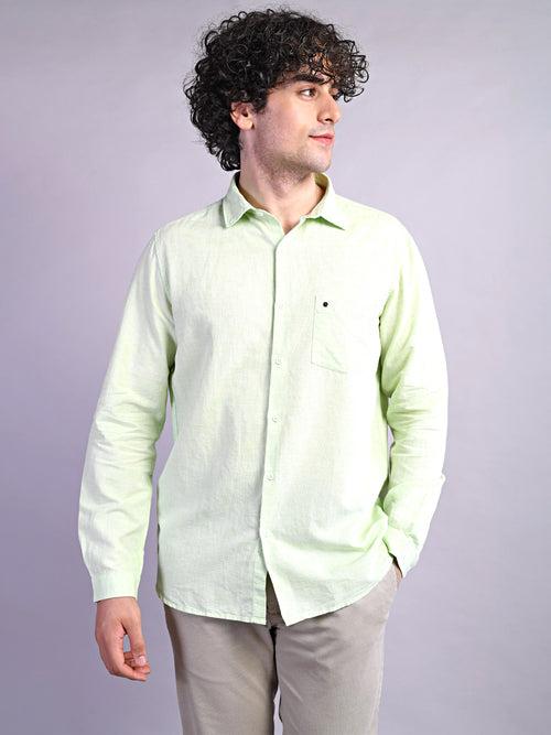 Cotton Linen Green Plain Slim Fit Full Sleeve Casual Shirt