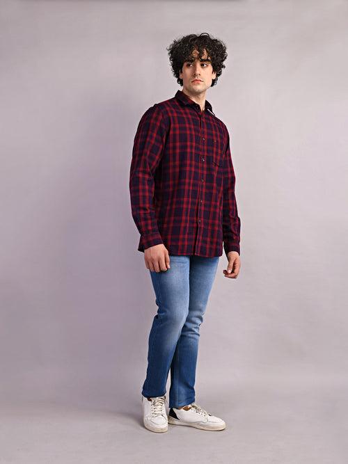 100% Cotton Red Checkered Slim Fit Full Sleeve Casual Shirt