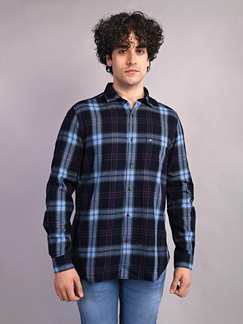 100% Cotton Indigo Navy Blue Checkered Slim Fit Full Sleeve Casual Shirt