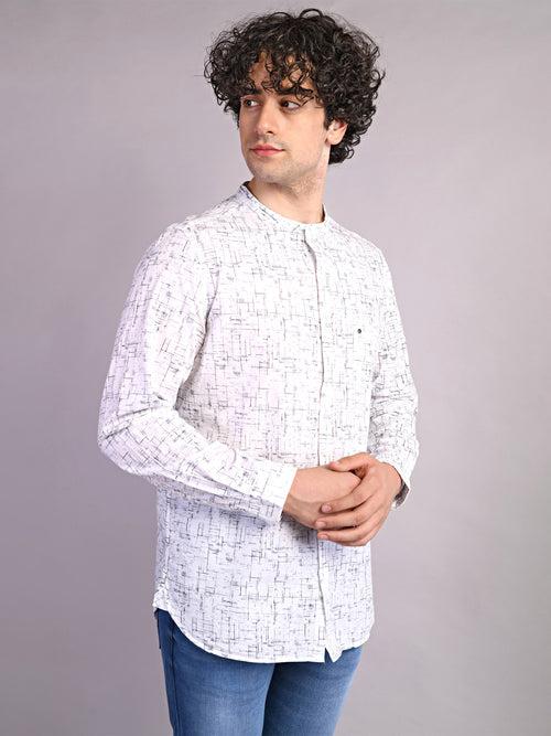 100% Cotton White Printed Slim Fit Mandarin Collar Casual Shirt