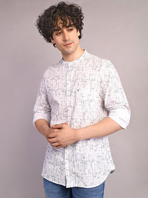 100% Cotton White Printed Slim Fit Mandarin Collar Casual Shirt