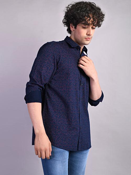 100% Cotton Indigo Navy Blue Printed Slim Fit Full Sleeve Casual Shirt