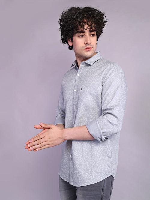 100% Cotton Grey Printed Slim Fit Full Sleeve Casual Shirt