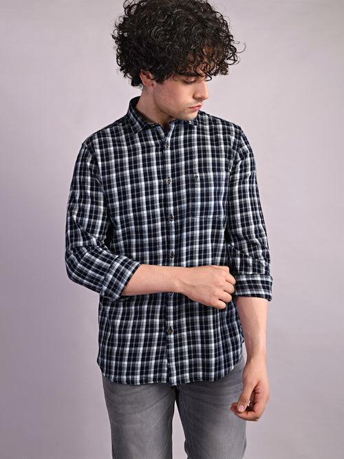 100% Cotton Indigo Navy Checkered Slim Fit Full Sleeve Casual Shirt