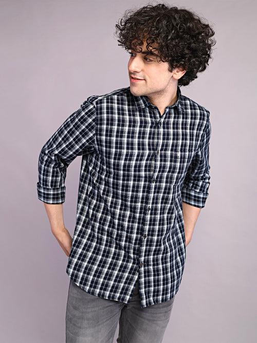 100% Cotton Indigo Navy Checkered Slim Fit Full Sleeve Casual Shirt