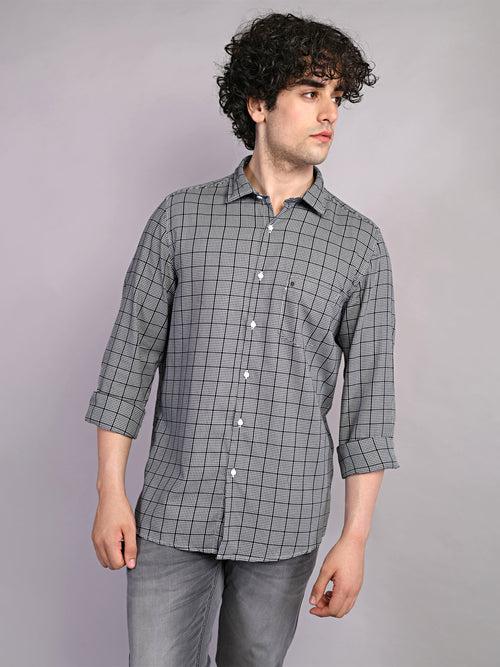100% Cotton Grey Checkered Slim Fit Full Sleeve Casual Shirt
