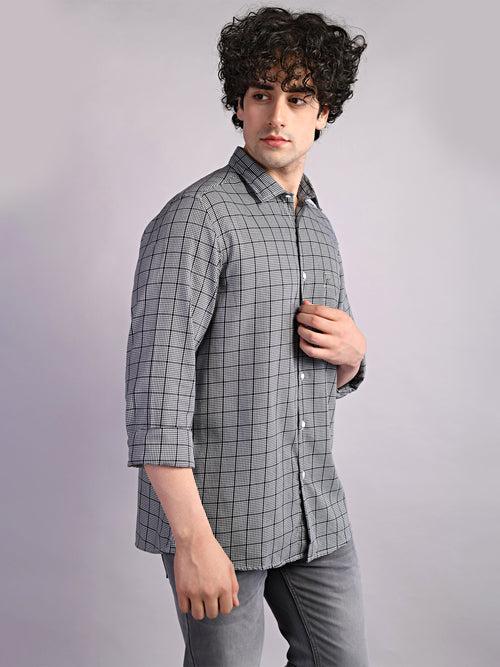 100% Cotton Grey Checkered Slim Fit Full Sleeve Casual Shirt