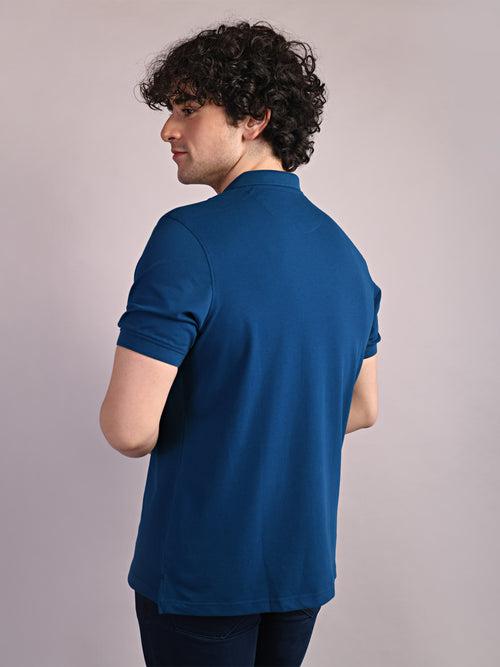 Cotton Stretch Blue Plain Polo Neck Half Sleeve Casual T-Shirt