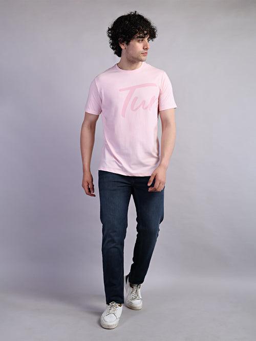 Cotton Stretch Baby Pink Printed Crew Neck Half Sleeve Casual T-Shirt