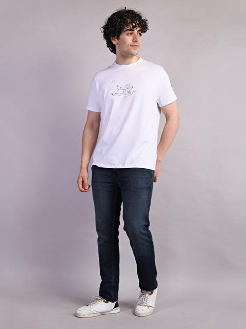 Cotton Stretch White Printed Crew Neck Half Sleeve Casual T-Shirt