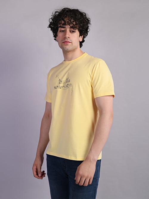 Cotton Stretch Yellow Printed Crew Neck Half Sleeve Casual T-Shirt