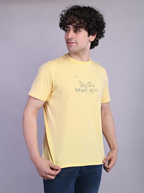 Cotton Stretch Yellow Printed Crew Neck Half Sleeve Casual T-Shirt