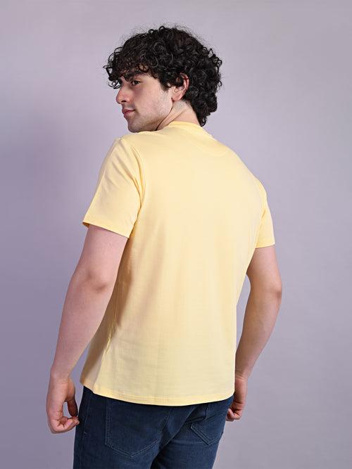 Cotton Stretch Yellow Printed Crew Neck Half Sleeve Casual T-Shirt