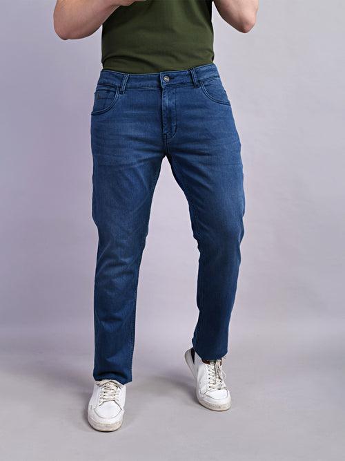 Cotton Stretch Indigo Plain Straight Fit Flat Front Casual Jeans