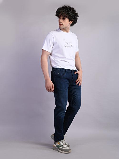 Cotton Stretch Indigo Plain Narrow Fit Flat Front Casual Jeans