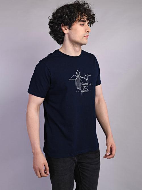 Cotton Stretch Navy Blue Printed Crew Neck Half Sleeve Casual T-Shirt