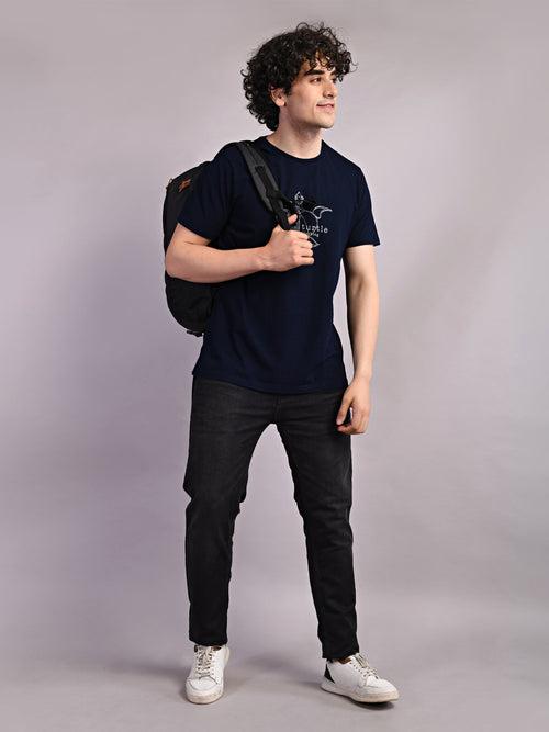 Cotton Stretch Navy Blue Printed Crew Neck Half Sleeve Casual T-Shirt