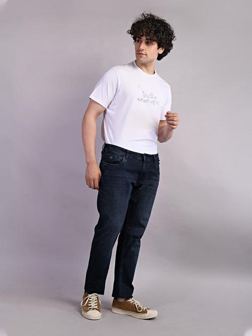 Cotton Stretch Navy Plain Straight Fit Flat Front Casual Jeans