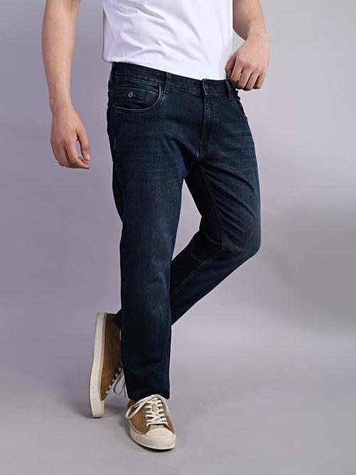 Cotton Stretch Navy Plain Straight Fit Flat Front Casual Jeans