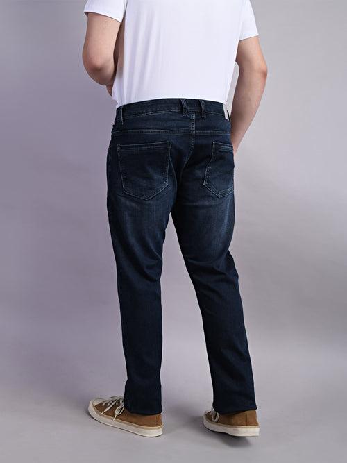 Cotton Stretch Navy Plain Straight Fit Flat Front Casual Jeans