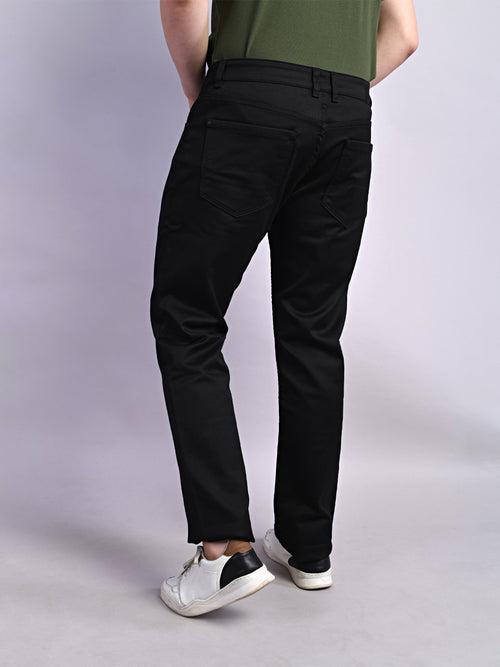 Cotton Stretch Black Plain Straight Fit Flat Front Casual Jeans