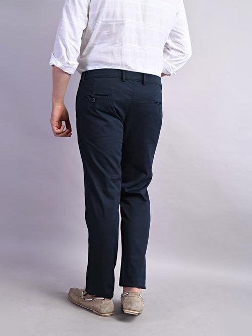 Cotton Stretch Navy Printed Ultra Slim Fit Flat Front Casual Trouser