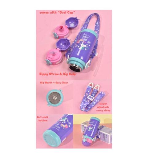 Dual Cap Premium Water Steel Bottle for kids - Unicorn, Dino