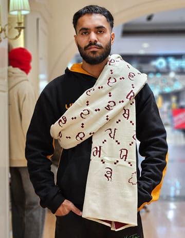 Maa Boli Winter Stole Rich Cream with blood Red Text. (Cotton-Wool Stuff )