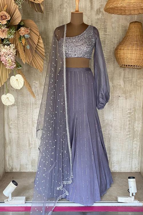 Grey Sequence One Shoulder Lehenga Set