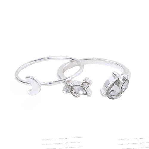 Accessorize London Women's Silver Moon Crystal Rings Pack of 2 - Large