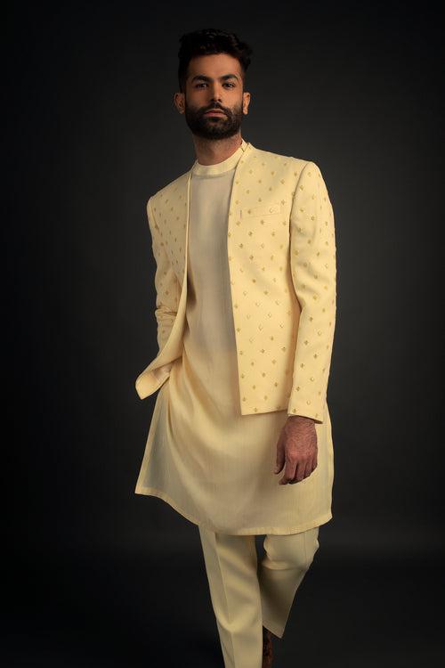 Pastel Yellow Open Jacket, Kurta, & Trousers