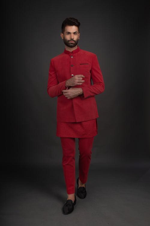 Red Bandhgala, Kurta, & Trousers