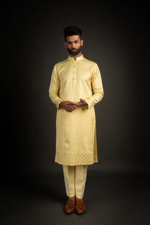 Pastel Yellow Achkan, Kurta, Shawl, & Trousers