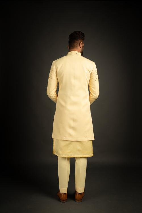 Pastel Yellow Achkan, Kurta, Shawl, & Trousers