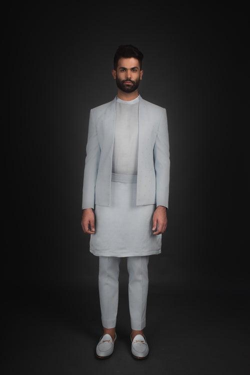 Periwinkle Open Jacket, Kurta, & Trousers