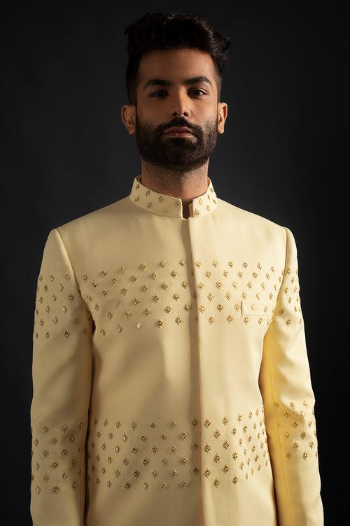 Pastel Yellow Achkan, Kurta, Shawl, & Trousers