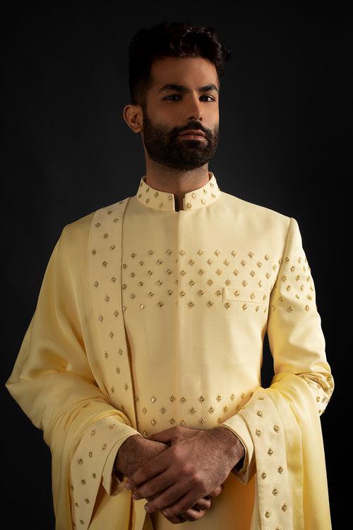 Pastel Yellow Achkan, Kurta, Shawl, & Trousers